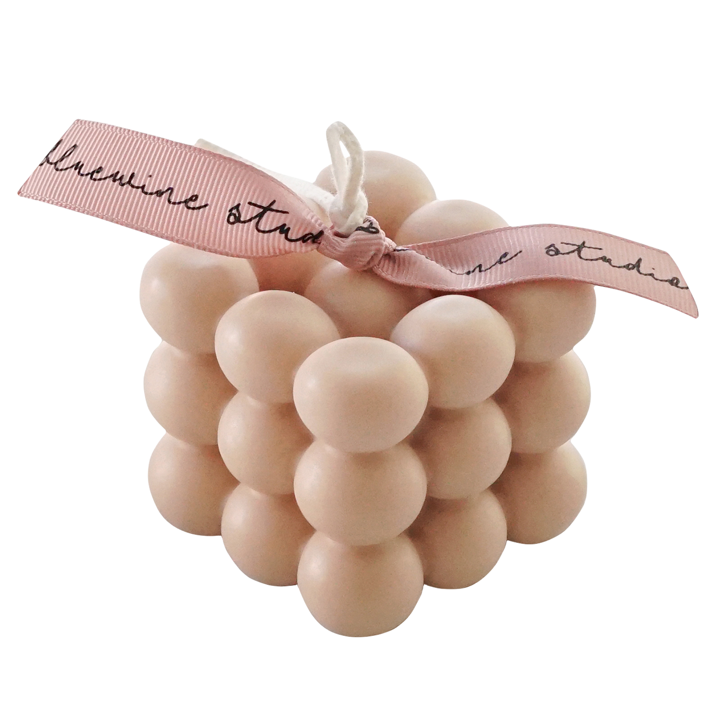 cube shape beige bubble soy candle with pink ribbon