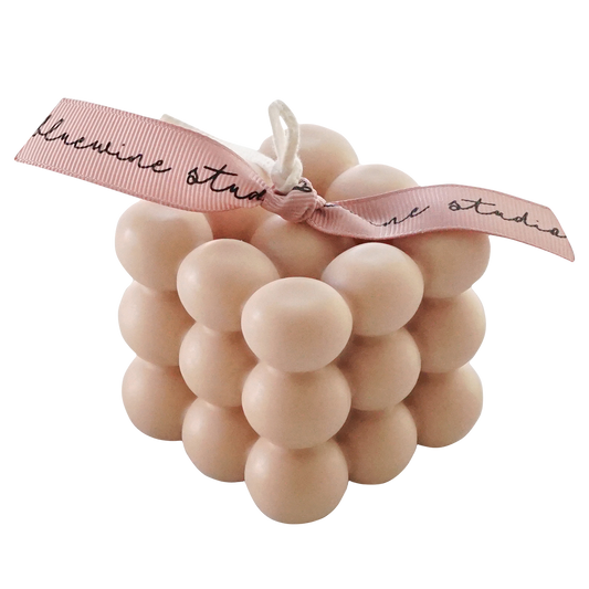 cube shape beige bubble soy candle with pink ribbon