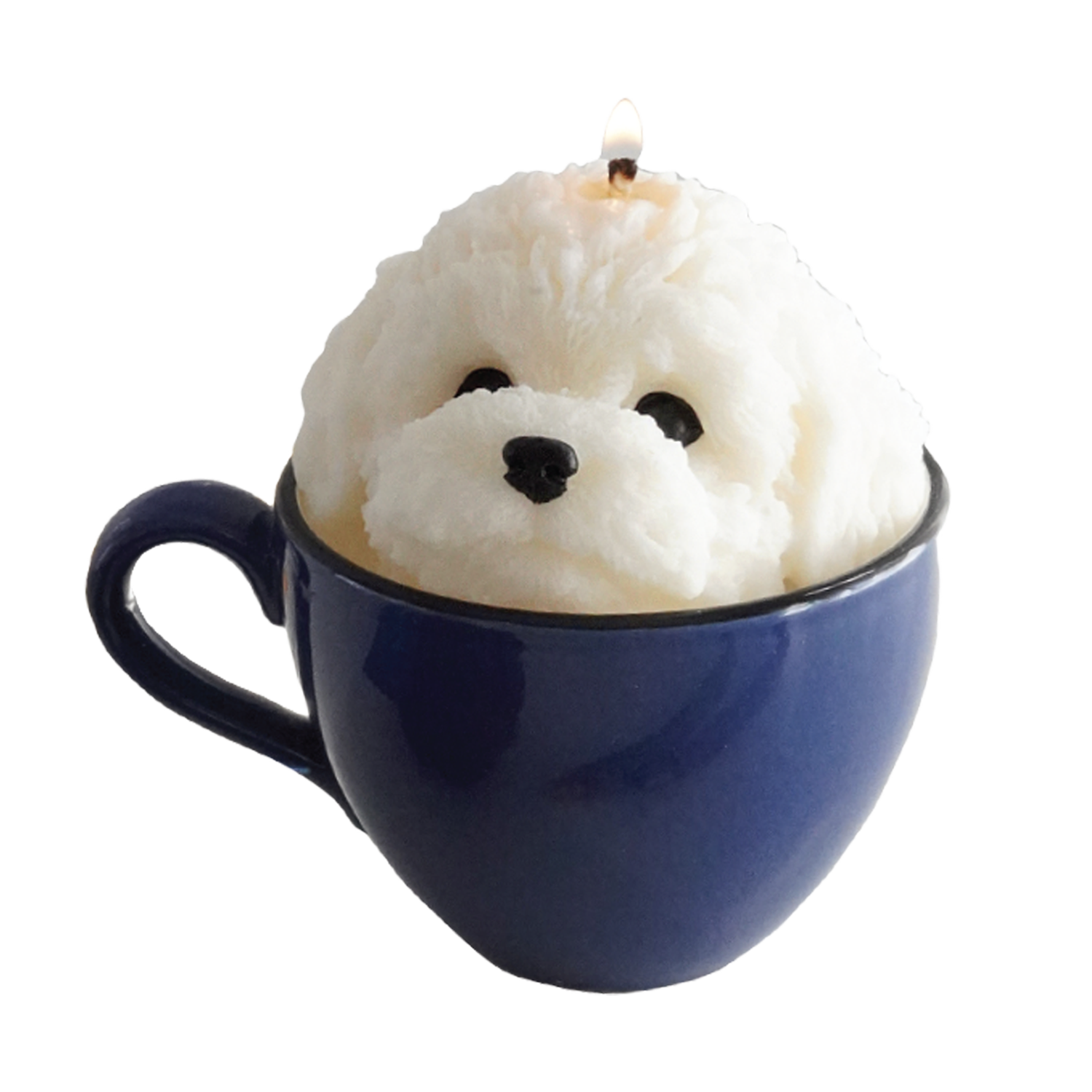 a lit white bichon soy candle placed in a blue mug