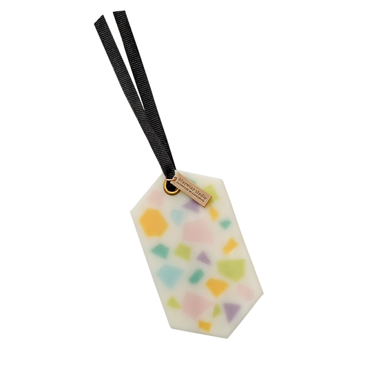terrazzo pattern pastel color geometric shape wax tablet with black ribbon