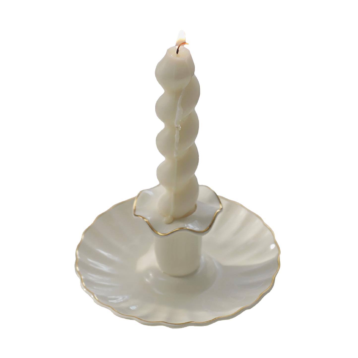 a lit white wavy spiral taper soy pillar candle in a white gold rim ruffle vintage candle holde