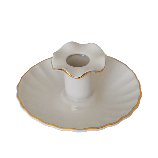 white french ruffle shape taper candle holder with a gold rim