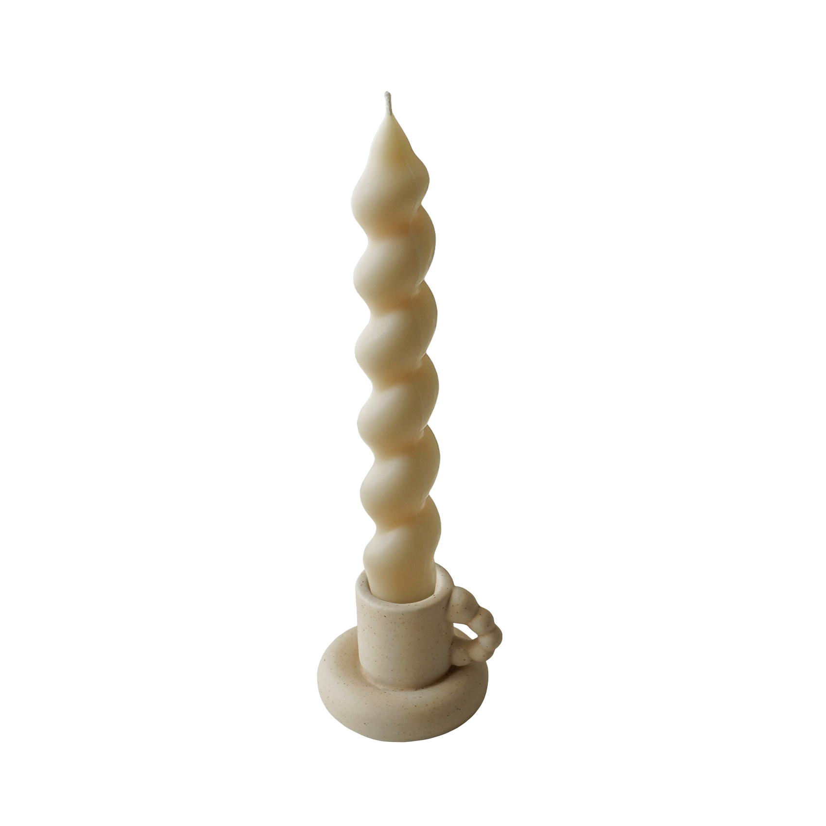 wavy spiral taper candle in a ceramic mug candle holder