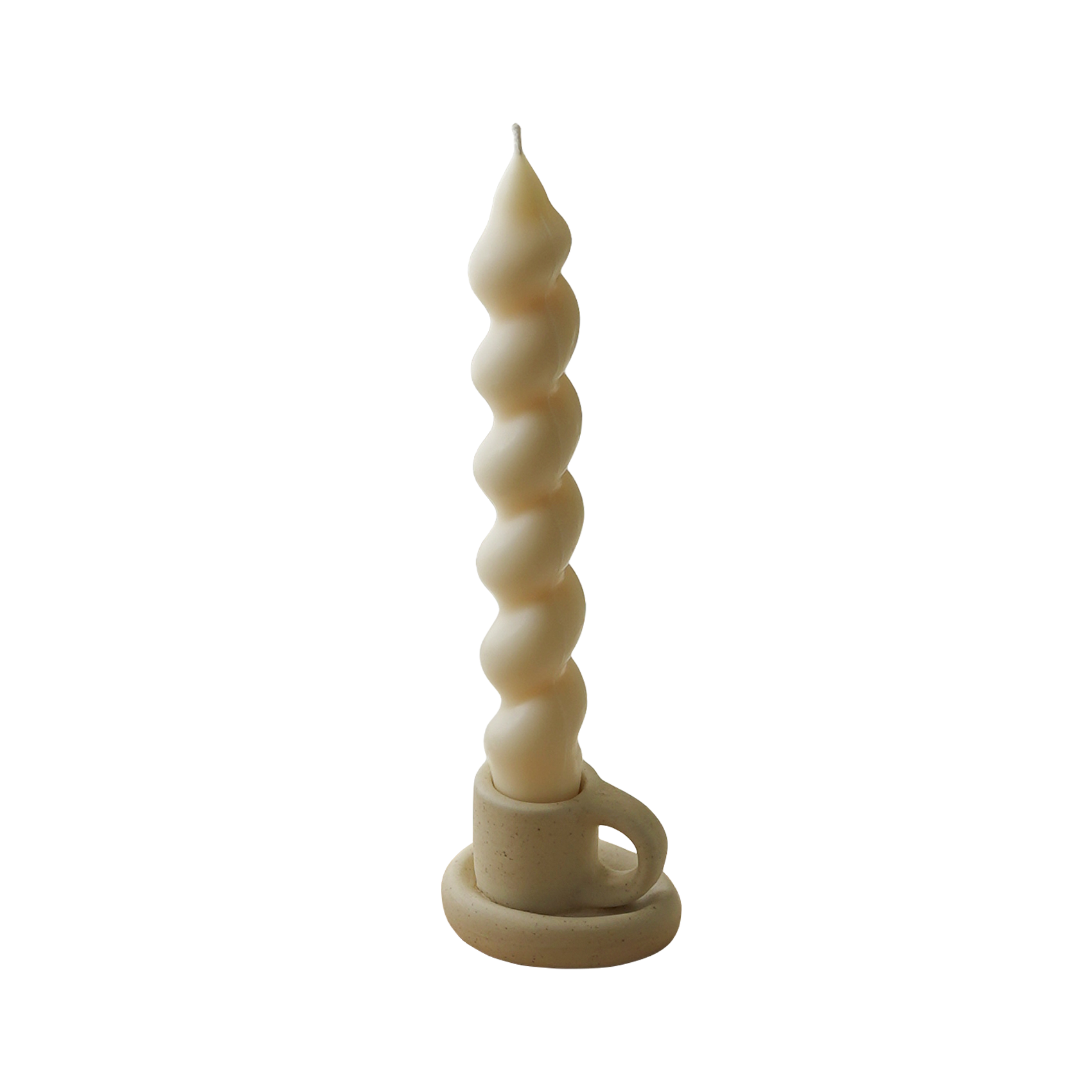 wavy spiral taper candle in a ceramic chunky mug candle holder
